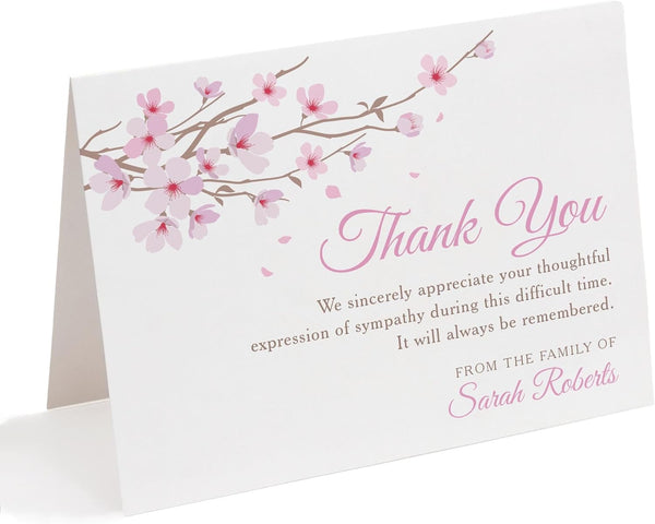 Pink Floral Cherry Blossom Sympathy Thank You Cards, Personalized Bereavement Funeral Thank