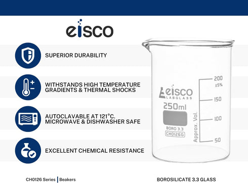 EISCO 250ml Beaker - Low Form with Spout - White, 50ml Graduations - Borosilicate 3.3 Glass