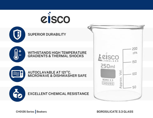 EISCO 12PK Beakers, 50mL - Borosilicate Glass, Low Form with 10mL Graduations