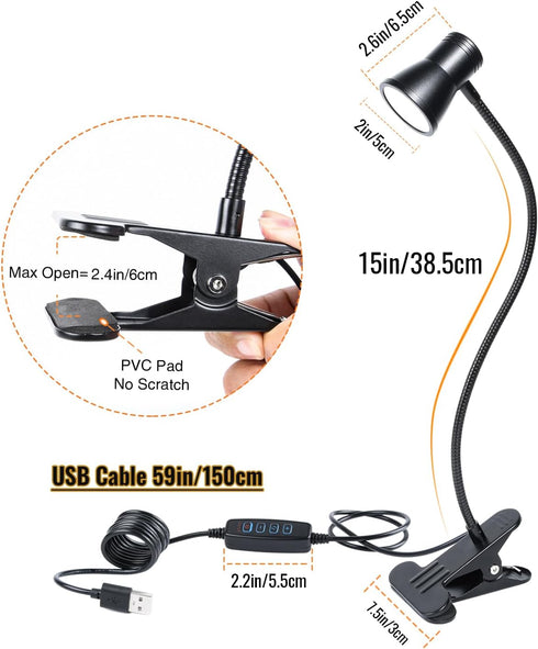 Clip Desk Lamp, USB Reading Light with Flexible Neck, 3 Color Temperature Options, 10 Dimmable Brightness Levels for