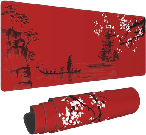 Large Red Mouse Pad XL, Japan Cherry Blossom Extended Anime Gaming Pad, Non-Slip Rubber Base, 31.5'' X 12''