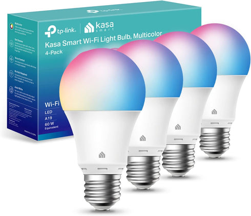 Kasa Smart Light Bulbs, Full Color Changing Dimmable, A19, 9W 800 Lumens, Compatible with Alexa, 4 Count