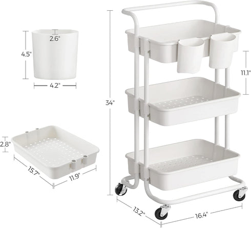 SONGMICS Rolling Cart, 3-Tier Storage Trolley with Handle, Utility Cart for Bathroom Laundry Room, White UBSC067W01