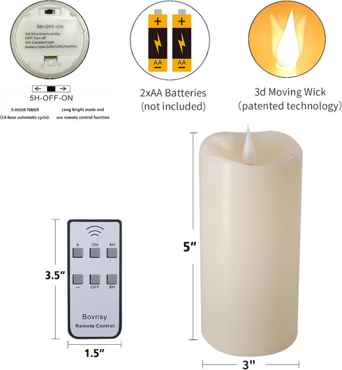 Battery Candles Flickering - Battery Operated Candles with Flickering Flame 3x5 inches, 1 Pack, Ivory, Real Wax, 3D Moving Wick, Mechanical Keypad Remote, Timer Options by Bovrisy