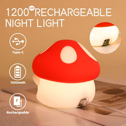 50Hrs 2 Mushroom Night Light Color Changing, Mushroom Lamp, Tap Control Brightness & Timer, Rechargeable Squishy Night