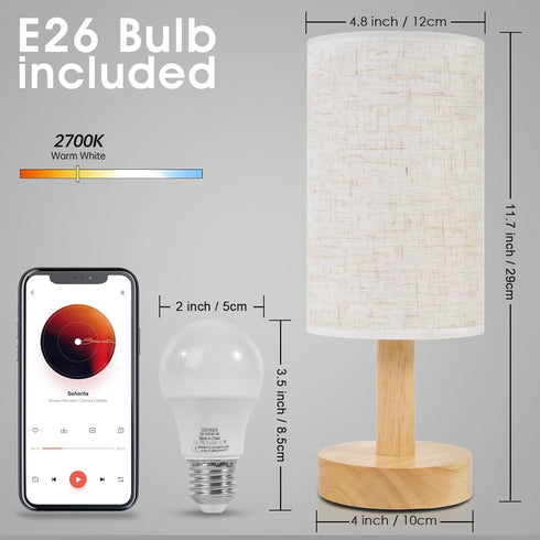 Set 2,Natural Shade,Cozy Small Bedside Table Lamps for Bedroom of Round Wood Base&Fabric Linen Night Light for Study