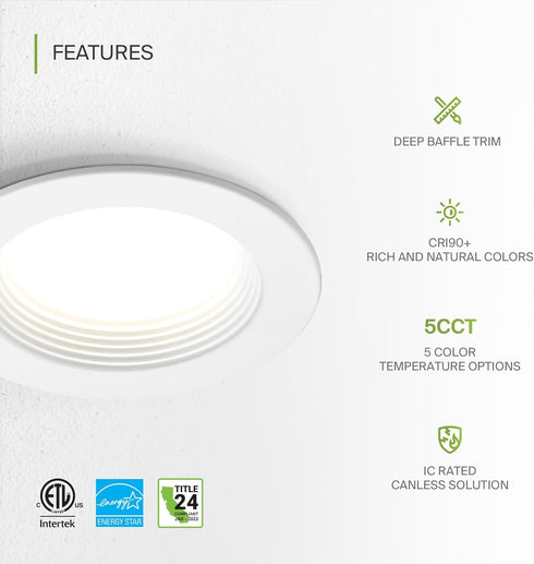 1 Pack 4 Inch 10W 889LM, 5CCT 2700K-5000K CRI90+, Dimmable T24, ASD Deep Regressed Baffle Trim Recessed Light, LED
