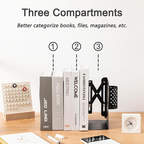 Kingsmile Metal Bookends, Heavy Book Stopper for Shelves, Removable Pen Holder (Black)