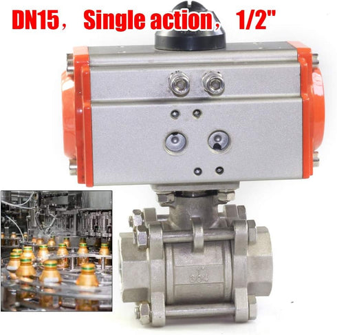 YUASDUU 1/2" 3-Piece DN15 0~1000 Pneumatic Air Actuated Ball Valve, Single-Acting Pneumatic Ball Valve Air Return PSI