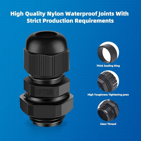 Cable Gland 12 Pack, 3/8" NPT Waterproof Adjustable Connector Strain Relief Cord Connectors with Gaskets