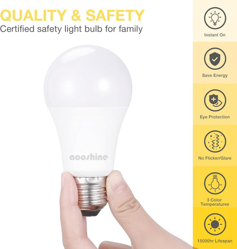 aooshine A60 E26 LED Light Bulb, 3 Color Temperatures (3000K/4000K/5000K), Non-Dimmable, 1 Pack, 9 Watts for Table Lamp