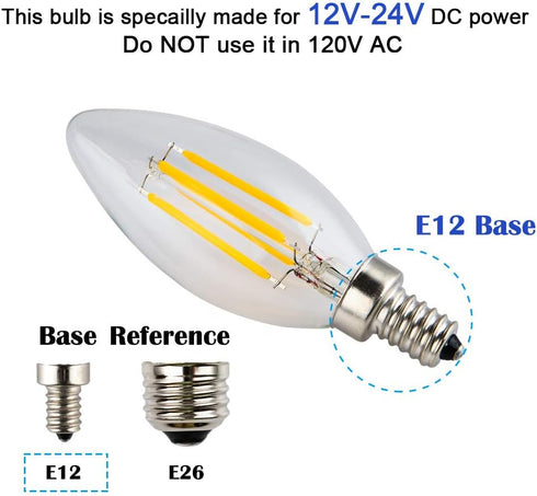 12V/24V DC LED Candle Bulb, Dimmable with 12V DC Dimmer, 4W 400Lm, 2700K Warm White Light, E12 Small Base, Clear Glass Torpedo Tip, 40W Incandescent Replacement, 12V Power Operated, 5 Pack by OPALRAY