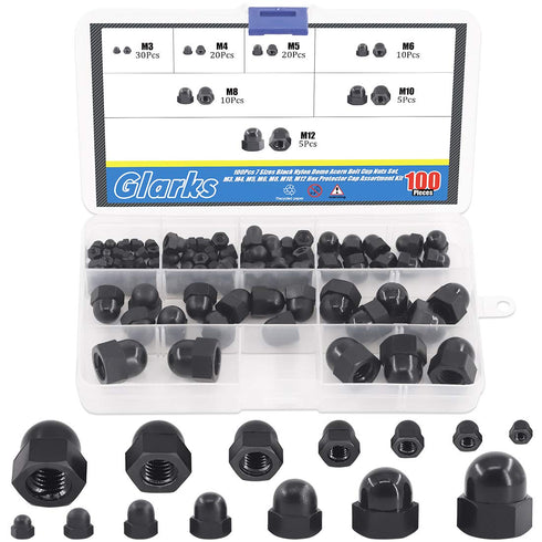 Glarks 100pcs Black Nylon Acorn Hex Nuts Set, M3 M4 M5 M6 M8 M10 M12 Decorative Hexagon Cap Nuts