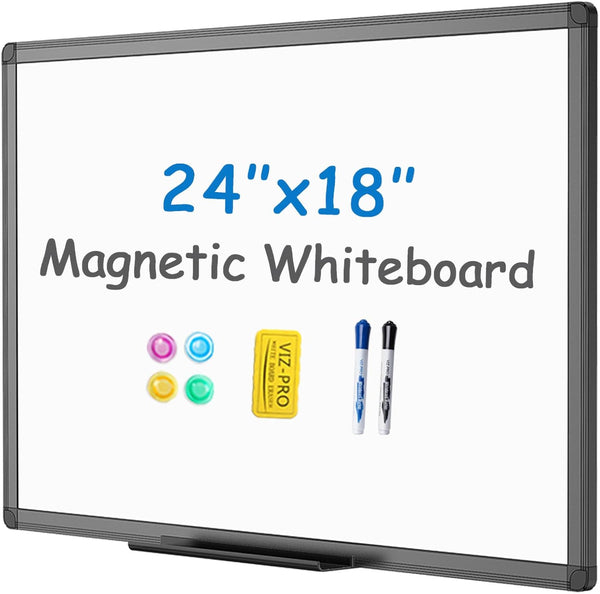 VIZ-PRO Magnetic Whiteboard/Dry Erase Board, Black Aluminium Frame, 24 X 18 Inches, Includes Eraser & Markers