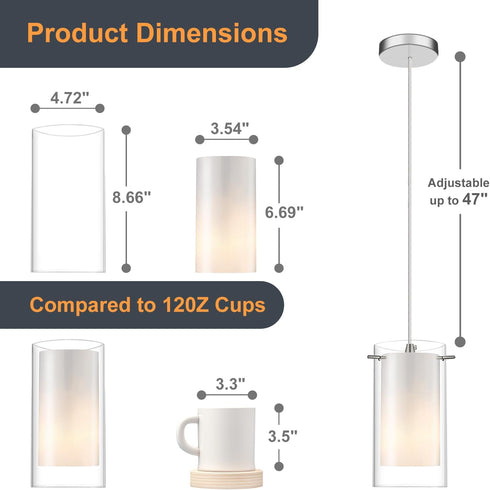 1-Light KP-506 AKEZON Pendant Light, Indoor Glass Hanging Light Fixture, Adjustable Height, Brushed Nickel Finish