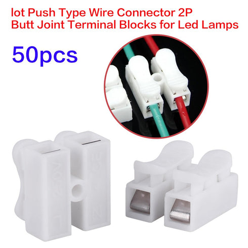 Push Quick Wire Cable Connectors, 50pcs 2 Pin Spring Wire Connectors for Lighting Electrical and Automotive Wiring