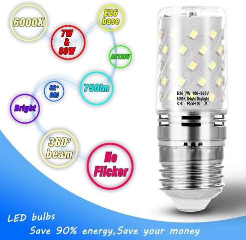 E26 60 Bulbs, E26 7W 6000k Bulbs 750lm, E26 Bulbs, Non-Dimmable, 4Pack Heifymi Watt Replacement Led Candelabra Corn