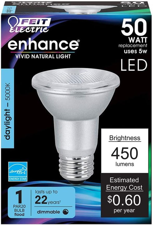 Feit Electric PAR20 LED Bulbs, 50W Equivalent, Dimmable Spotlight Bulbs, 5000k Daylight, E26 Base, 90 CRI, 450 Lumens, 22-Year Lifetime, PAR20 Flood Light Bulbs, Damp Rated, PAR20DM/950CA/4, 4 Pack by Feit Electric