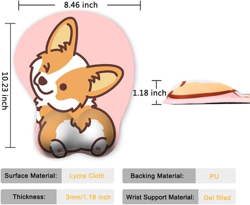 HAOCOO Ergonomic Pink Mouse Pad with Wrist Support, Non-Slip Backing Corgi Anime Cute Gel Mouse Pad, Easy-Typing and