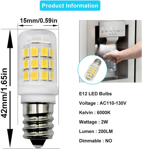 E12 LED Fridge Water Dispenser Light Bulb 2W(15W Replacement) 120V T5 Tubular Appliance Bulb for Chandeliers Home Lighting Refrigerator/Dryer Drum Light C7/S6 Clear Glass Daylight White 6000K,2-Pack by TZLONMFG