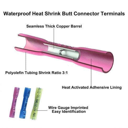 MuHize Heat Shrink Butt Connectors Kit - Upgrade 200 PCS Automotive Marine Electrical Connectors Kit (3 Colors / 3 Sizes), Waterproof Insulated Crimp Butt Splices Terminals Kit
