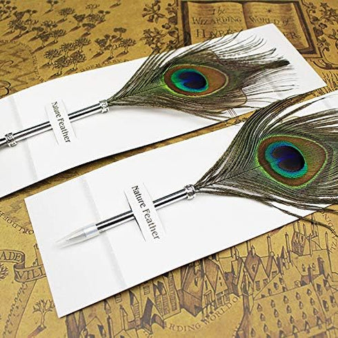 Peacock Feather Ballpoint Pens - Black Ink Natural Feather Quill Pen for Kids School Writing, Birthday Gift Pen