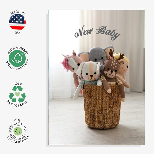 5x7 Cute New Baby Greeting Card - featuring woven basket with adorable stuffed animals Heartwarming Sentiment inside