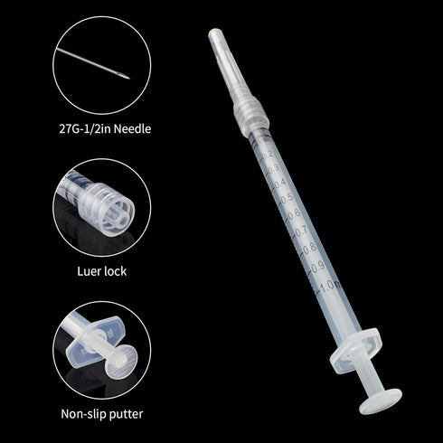 1cc/ml Syringe with 27G 1/2 in Needle, Laboratory Tools, Individually Wrapped, Pack of 20