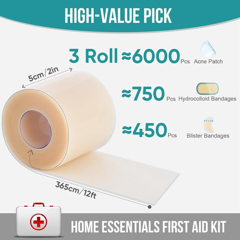 YHOVID 3Pcs (2in 12ft 3Roll) Hydrocolloid Roll for Wound Care, Hydrocolloid Patch Bandages with Self-Adhesive, Bed Sore
