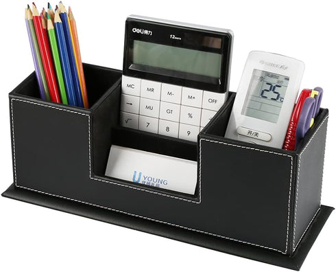 KINGFOM Office Supplies Desk Organizer, PU Leather Storage Box with 4 Divided Compartments for Pen, Business Card,