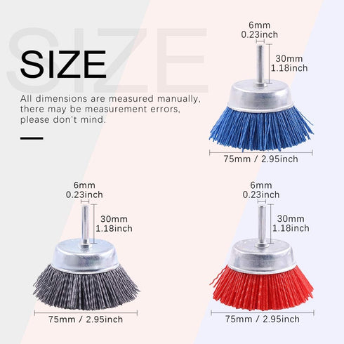 Swpeet 3Pcs 3Inch Nylon Filament Abrasive Wire Cup Brush Kit with 1/4 Inch Shank for Rust Removal