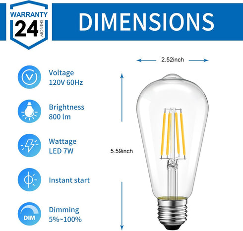 ST21 Bulb Bulbs 7W(60 800Lumens CRI80+ Dimmable 2700K E26 Lightbulbs, 6 Pack ANWIO Clear LED Edison Light LED Filament