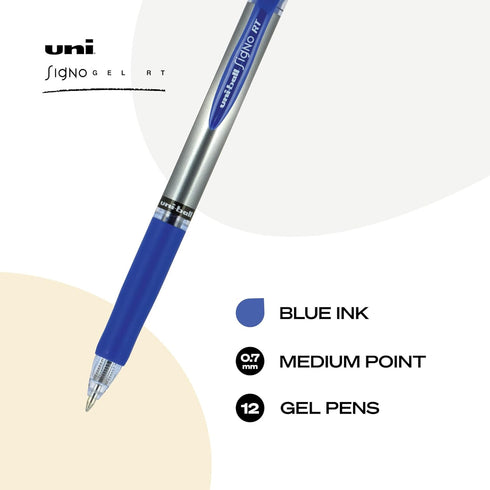 uniball Signo Gel Pen, Retractable, Medium 0.7 mm, Blue Ink, Blue/Metallic Accents Barrel, Dozen