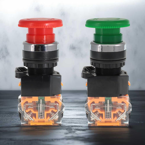 Emergency Push Button Switch, Green & Red Mushroom Head for Home or Industrial Equipment, 22mm, Stay-Put (2 Pack)