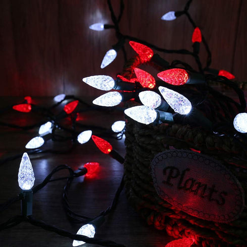 C5 33ft 100 120V Brizled Red & White Christmas Lights, LED Christmas Tree Lights, Connectable UL Certified Faceted Xmas