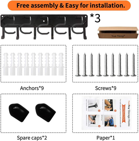 YueTong All Metal Garden Tool Organizer, Heavy Duty Adjustable Wall Mount Holder with Hooks (3 Pack)