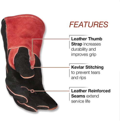 Lincoln Electric K2979-ALL Traditional MIG/Stick Welding Gloves - 14" Lined Leather, Kevlar Stitching, Black, Red