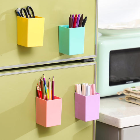 Affrolling 4 Pcs Classroom Magnetic Storage Boxes with Write Wipe Label Magnetic Storage Containers Plastics Pen Holder