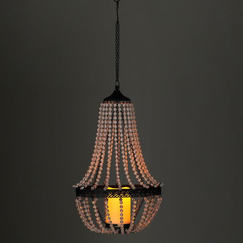 BAYN 27H Hanging Candle Chandelier Outdoor, Battery Operated Clear Acrylic Beaded Chandelier with Flickering Led Candle