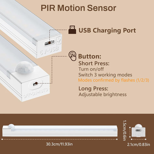 12 3 Dimming, Closet, (2 Pack) DWEPTU Rechargeable Motion Sensor Light Indoor, LED Under Cabinet Lighting with Modes