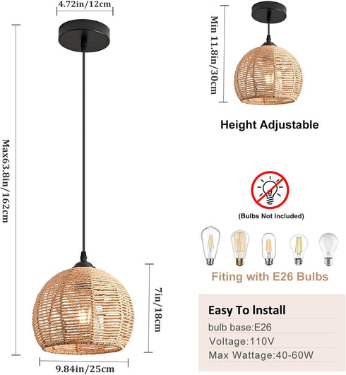 9.8inch Rattan Pendant Lights with Hand-Woven Shade Rattan Light Fixures BohoChandelier Ceiling,Wicker Pendant Lighting