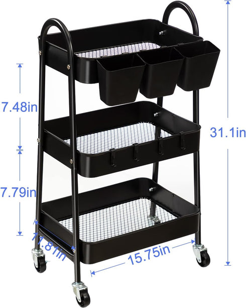 danpinera 3-Tier Rolling Cart, Metal Storage Cart with Lockable Wheels, Hanging Cups & Hooks, Black