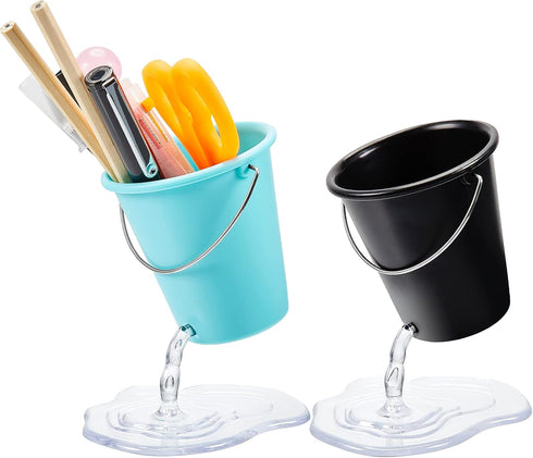 Seajan 2 Pcs Cute Floating Bucket Pencil Case Holder for Office Classroom Desk Accessories, Black and Blue