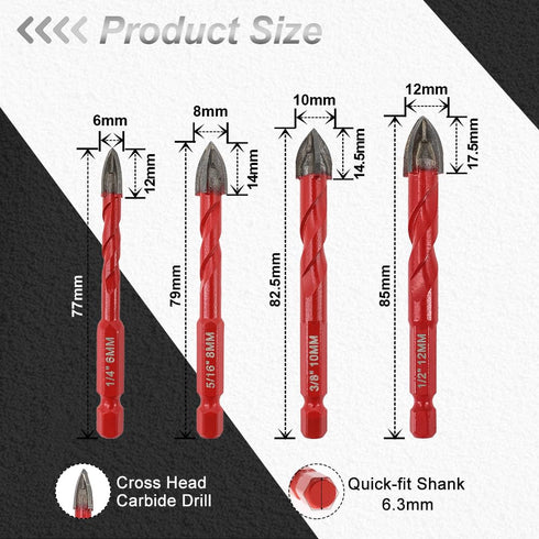 FOCSTOL 10pcs Carbide Masonry Concrete Drill Bit Set with Quick Change Hex Shank for Wood, Plastic, Foam, Tiles