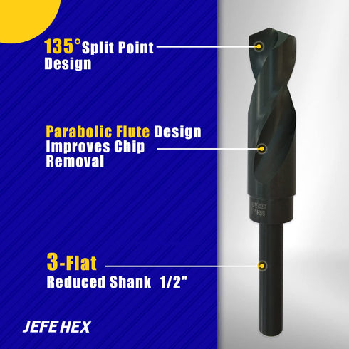 Reduced Shank Industrial Drill Bit, 5/8 Inch HSS Black Oxide Finish, 135-Degree Split Point for Wood and Plastic