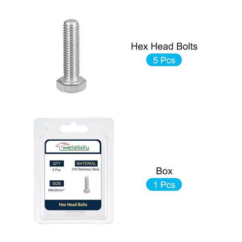 Hex Bolts (M8-1.25x30mm) 5Pcs, Fully Threaded Coarse Hex Head Screw Bolt Machine Screws - 316 Stainless Steel, Silver