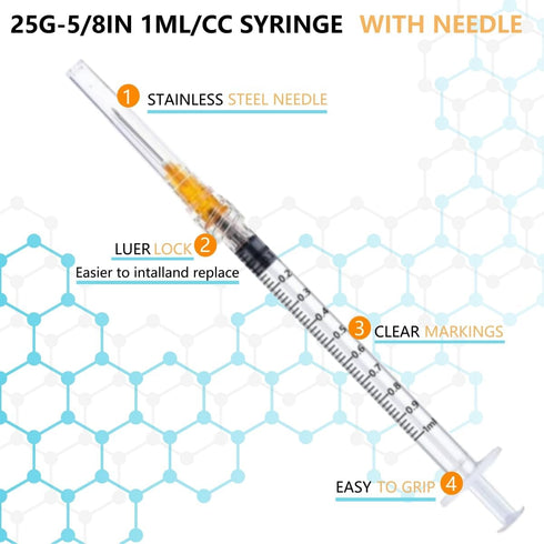 50 Pack 1ml 25Ga - 5/8 Inch Luer Lock Sample Measuring Lab Supplies, Individually Sealed Wrapped