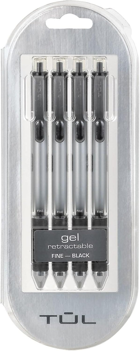 TUL Gel Pens, Retractable Fine Point, 0.5mm Black Ink, Silver Barrel, Pack of 4