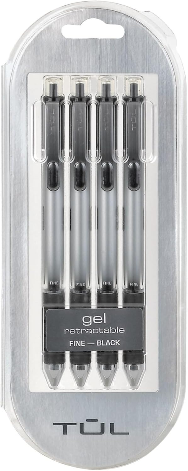 TUL Gel Pens, Retractable Fine Point, 0.5mm Black Ink, Silver Barrel, Pack of 4