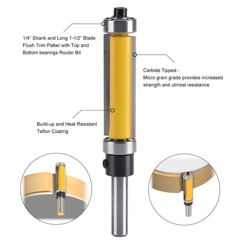 Flush Trim Router Bit Set, Top and Bottom Bearing, 1/4 Inch Shank, 1-1/2 Inch Blade for Woodworking